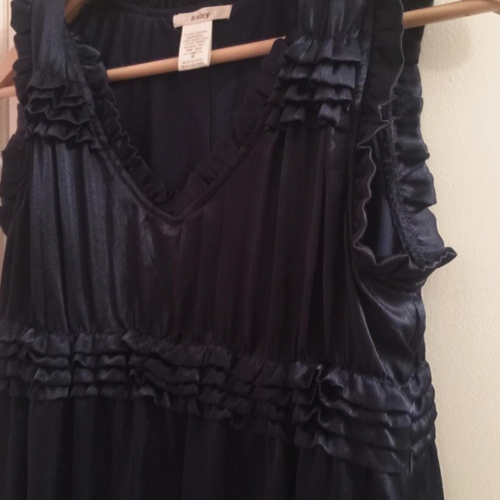 Esley sleeveless ruffles v- neck navy dress Sz 10 - Picture 2 of 8